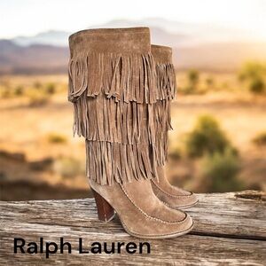 Ralph Lauren suede Brown fringe heeled boots size 7.5